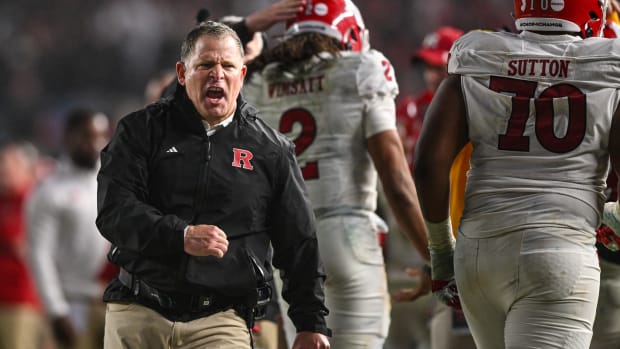 Dec 28, 2023; Bronx, NY, USA; Rutgers Scarlet Knights head coach Greg Schiano celebrates a touchdown during the fourth quarter against the Miami Hurricanes at Yankee Stadium. Mandatory Credit: Mark Smith-USA TODAY Sports